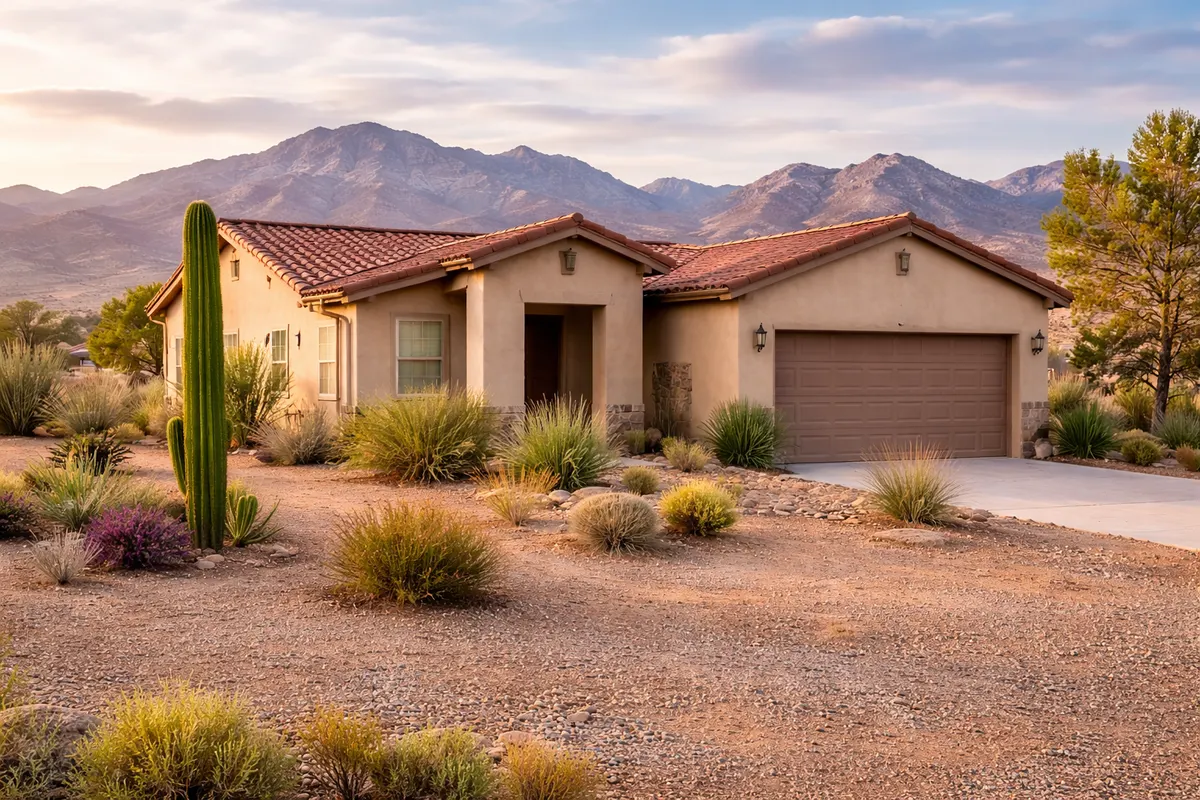 Desert home with a tiled roof and attached garage, set against mountain backdrop.