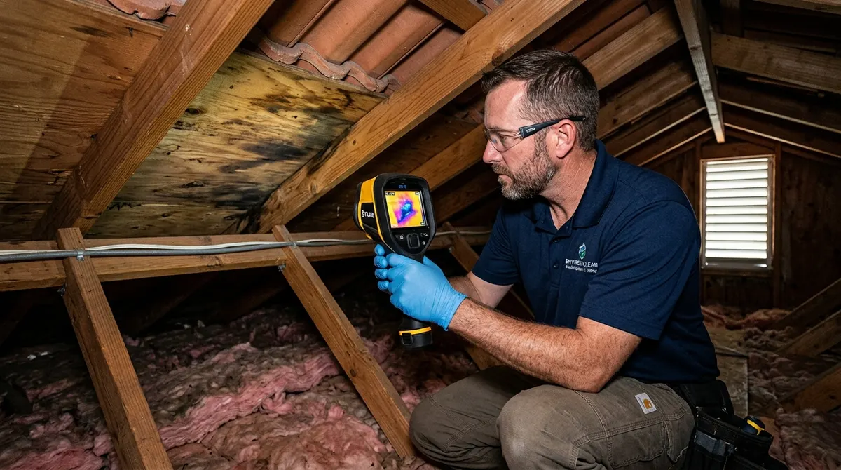 Inspector scanning mold-stained attic roof decking with a thermal camera