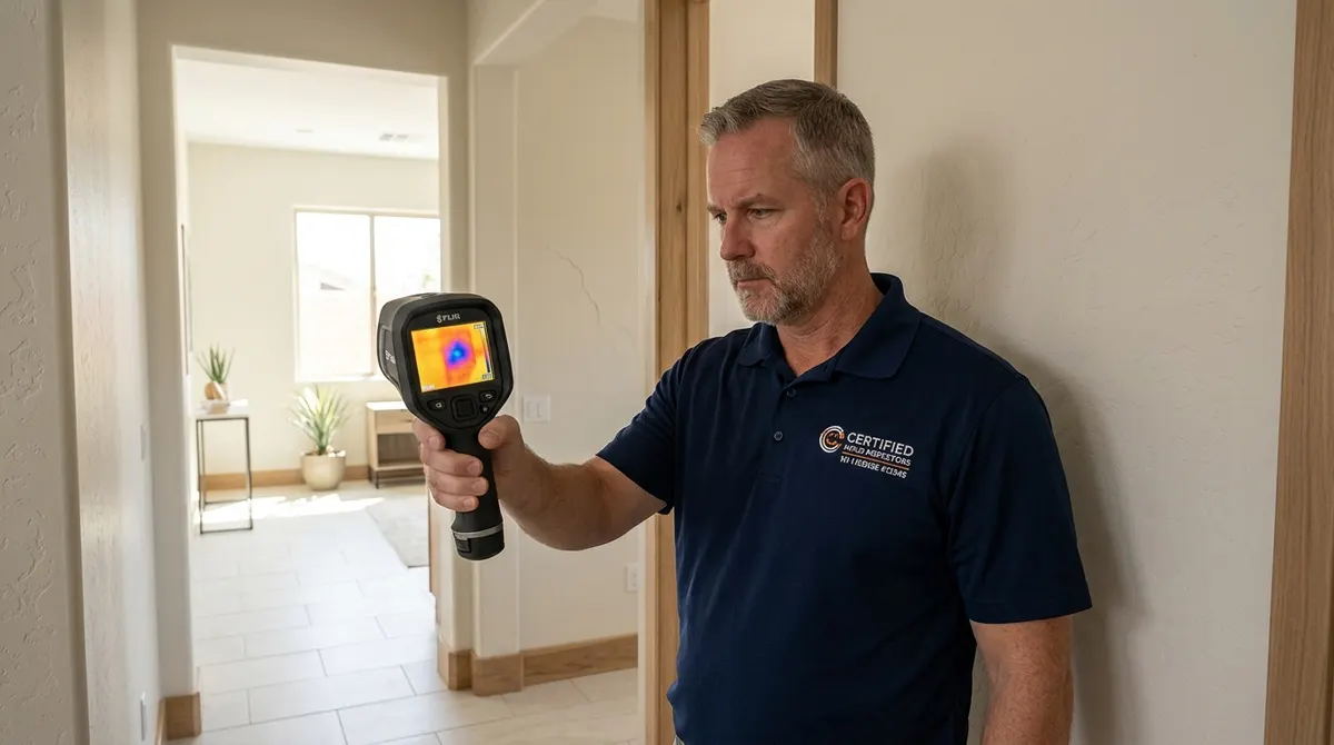 Mold testing in Las Vegas: certified inspector scanning a hallway wall with a FLIR thermal camera